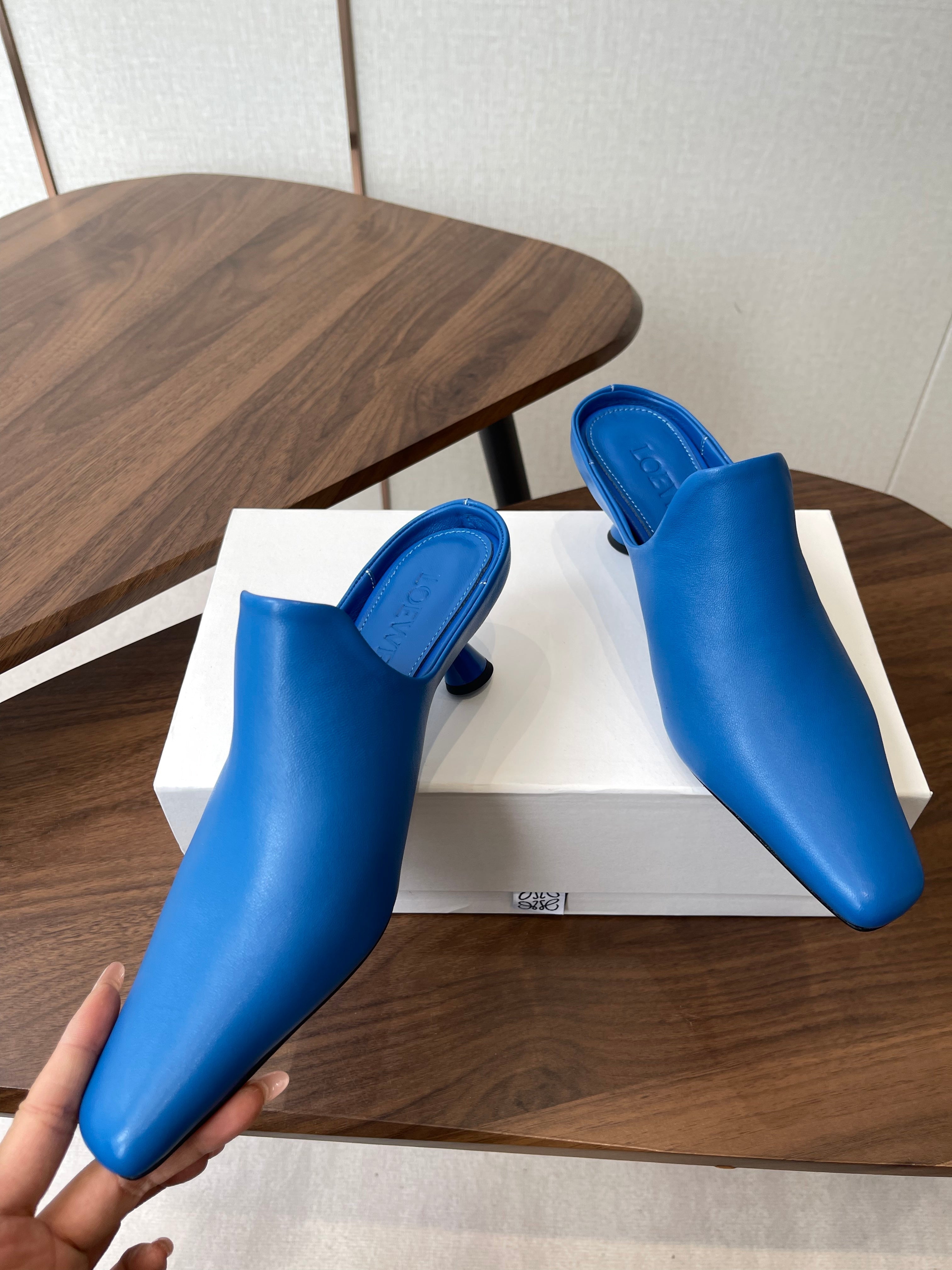 LOEWE 26S EMILY MULE 55MM IN BLUE CALFSKIN