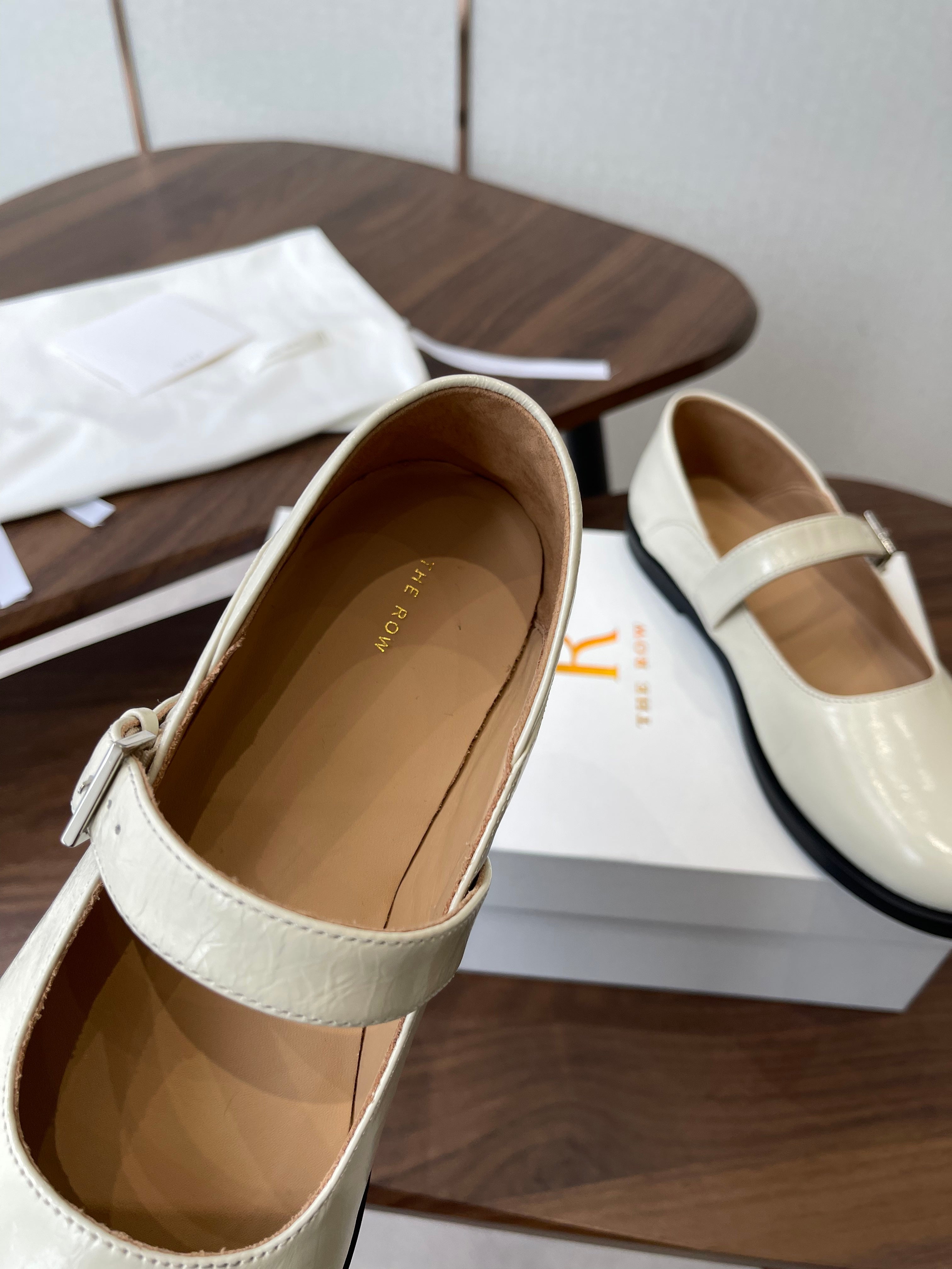 THE ROW 26S MARY JANE FLATS IN WHITE PATENT CALFSKIN