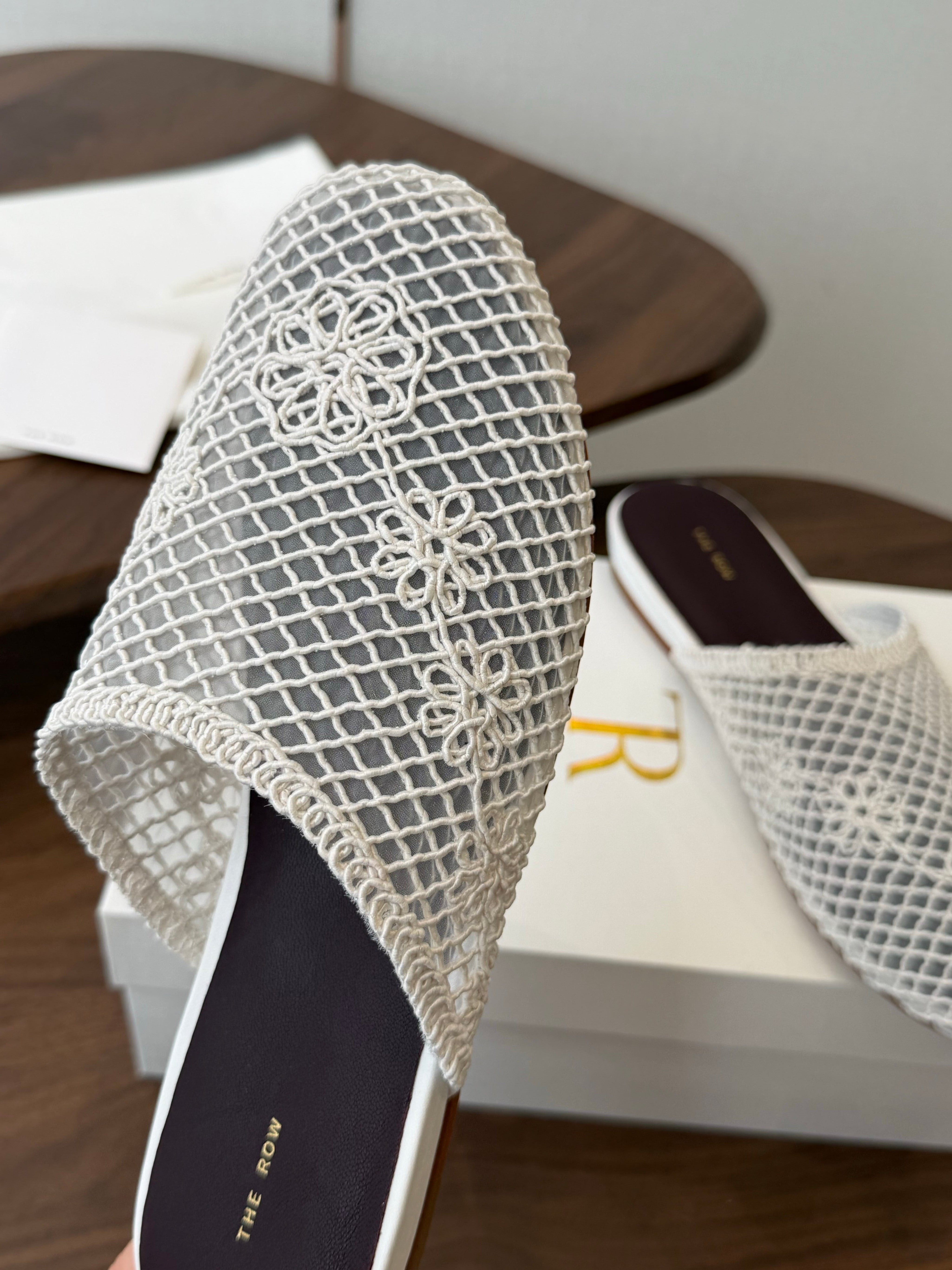 THE ROW 26S MULE FLATS IN WHITE CROCHET MESH