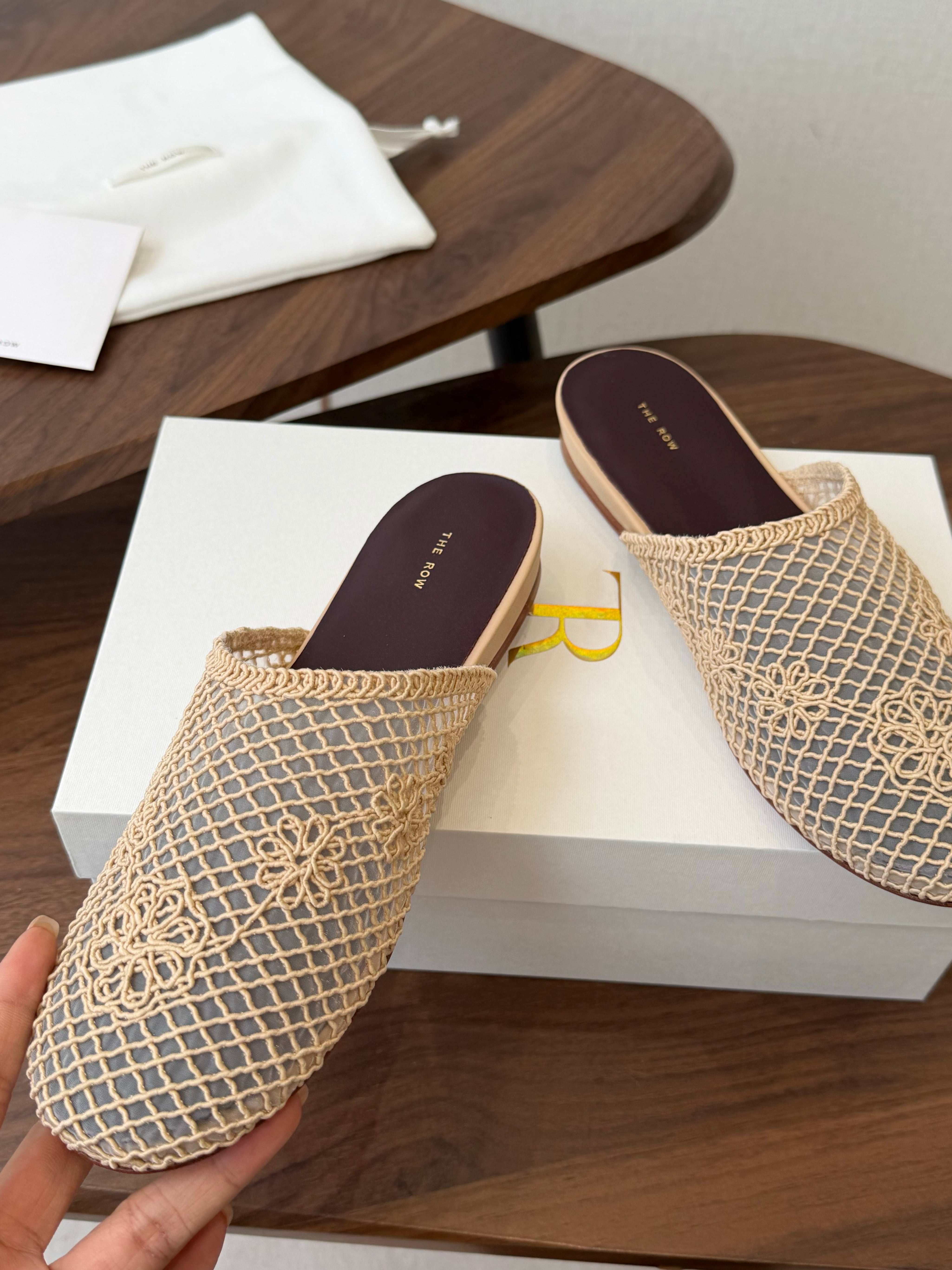 THE ROW 26S MULE FLATS IN BEIGE CROCHET MESH