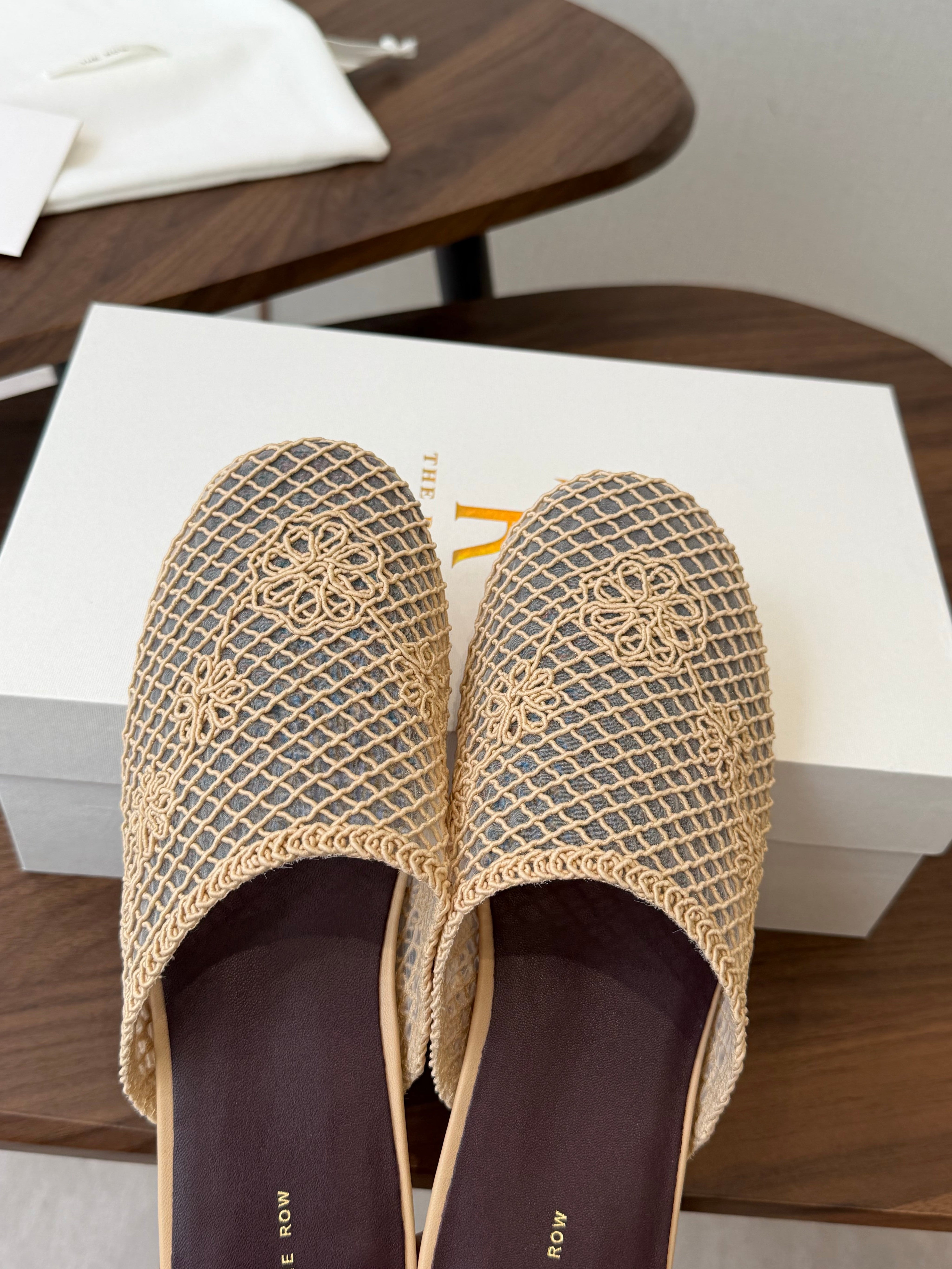 THE ROW 26S MULE FLATS IN BEIGE CROCHET MESH