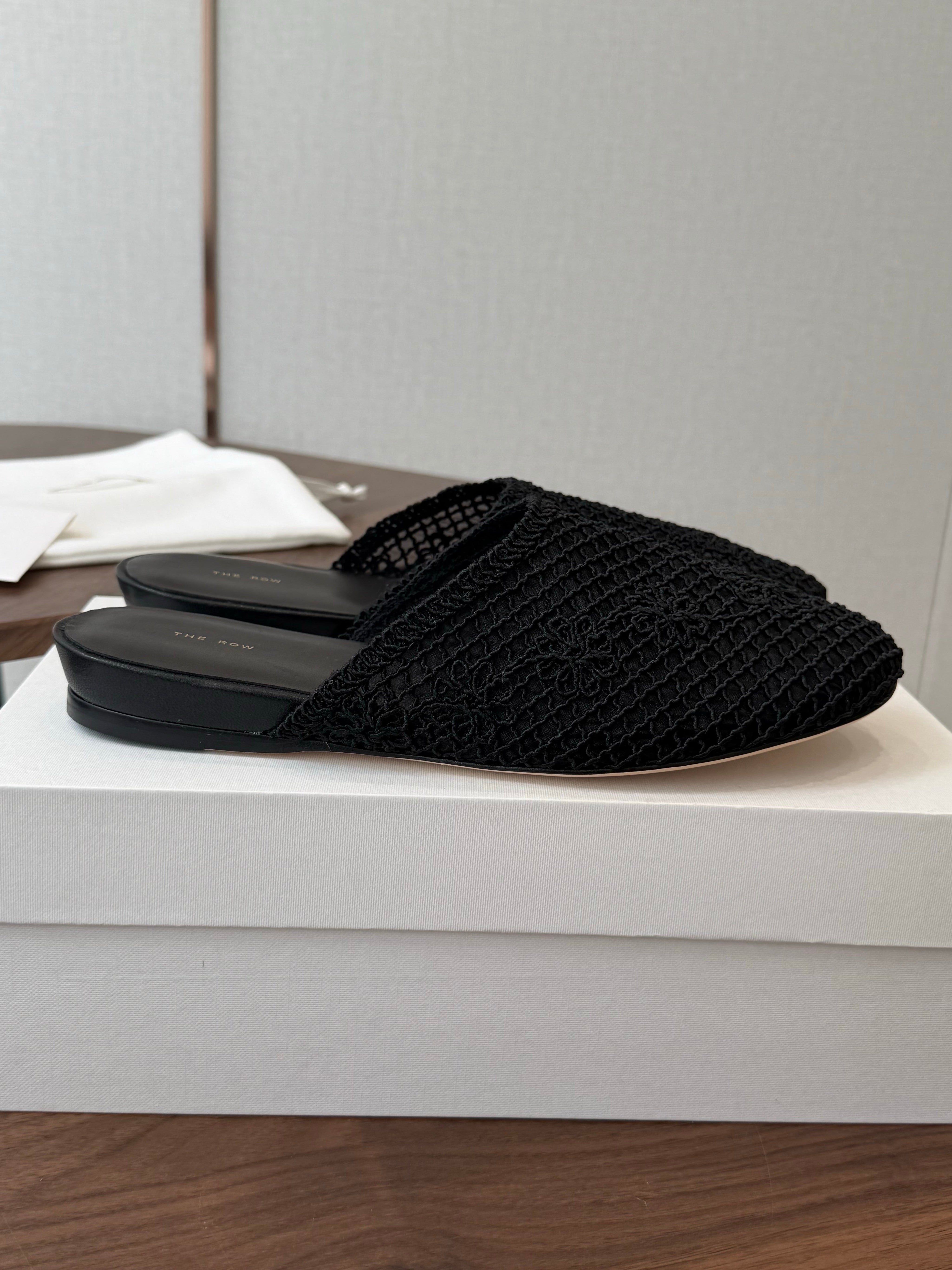 THE ROW 26S MULE FLATS IN BLACK CROCHET MESH