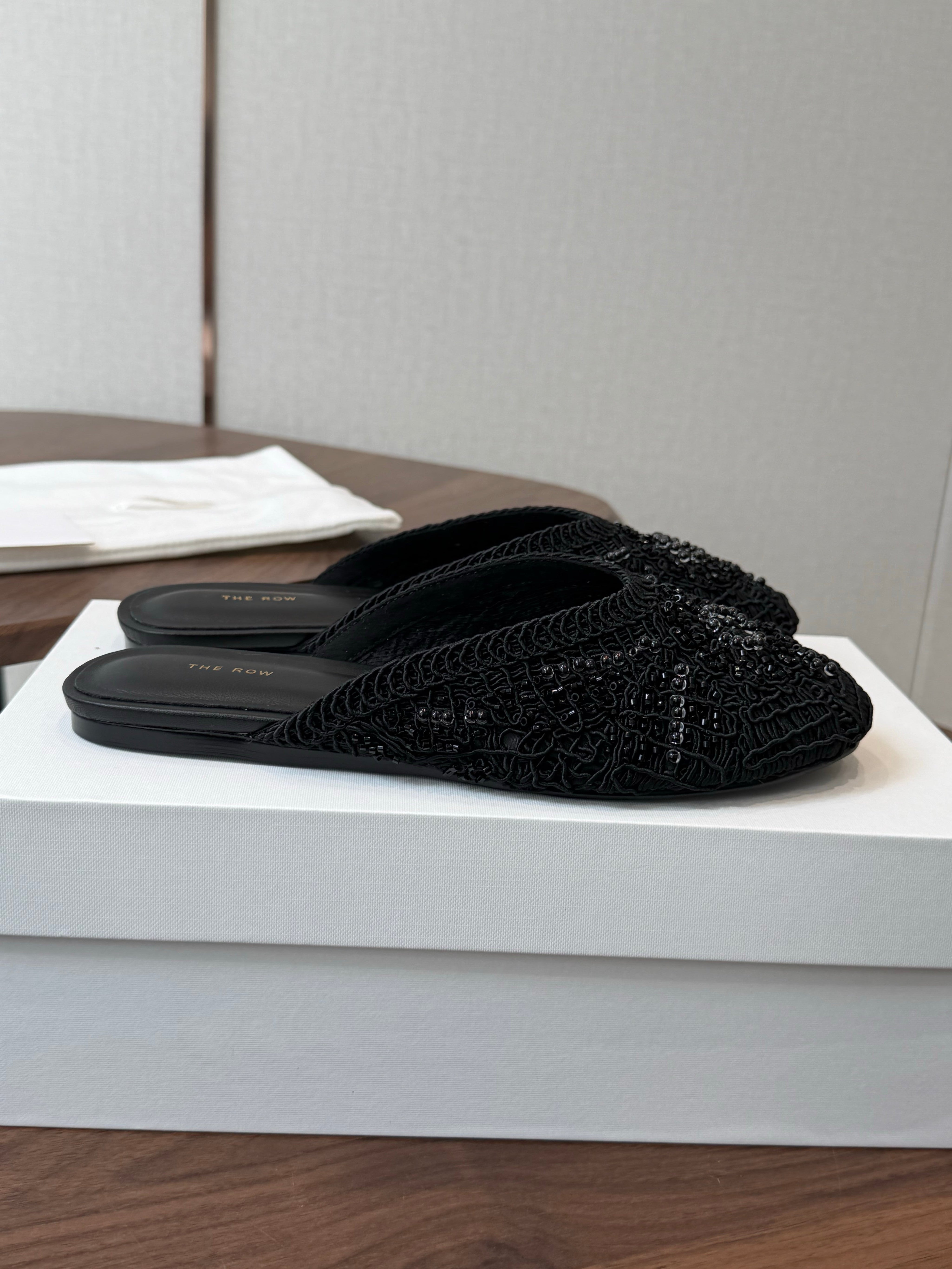 THE ROW 26S PEARL EMBELLISHED CROCHET MULE FLATS IN BLACK