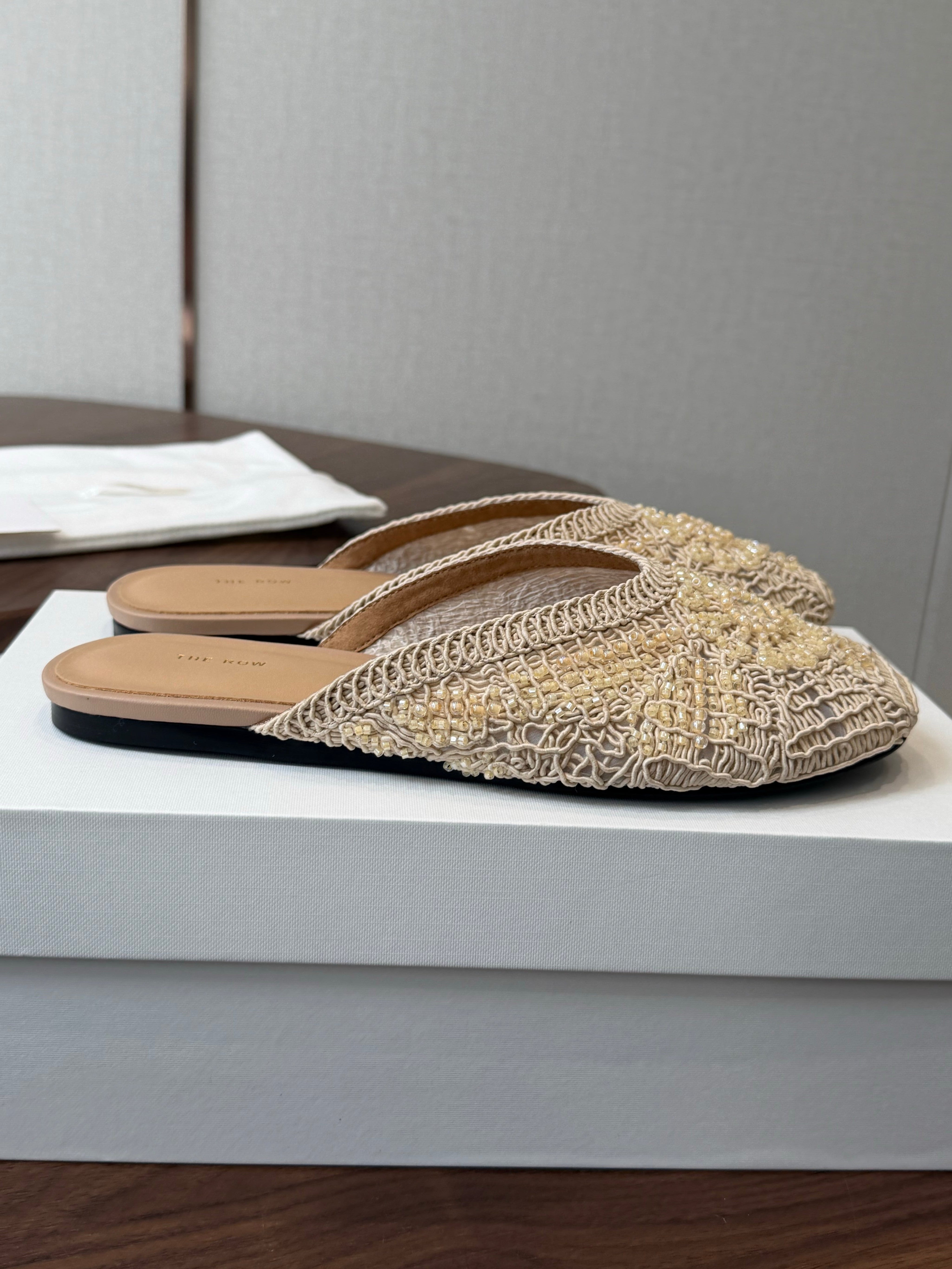 THE ROW 26S PEARL EMBELLISHED CROCHET MULE FLATS IN IVORY WHITE