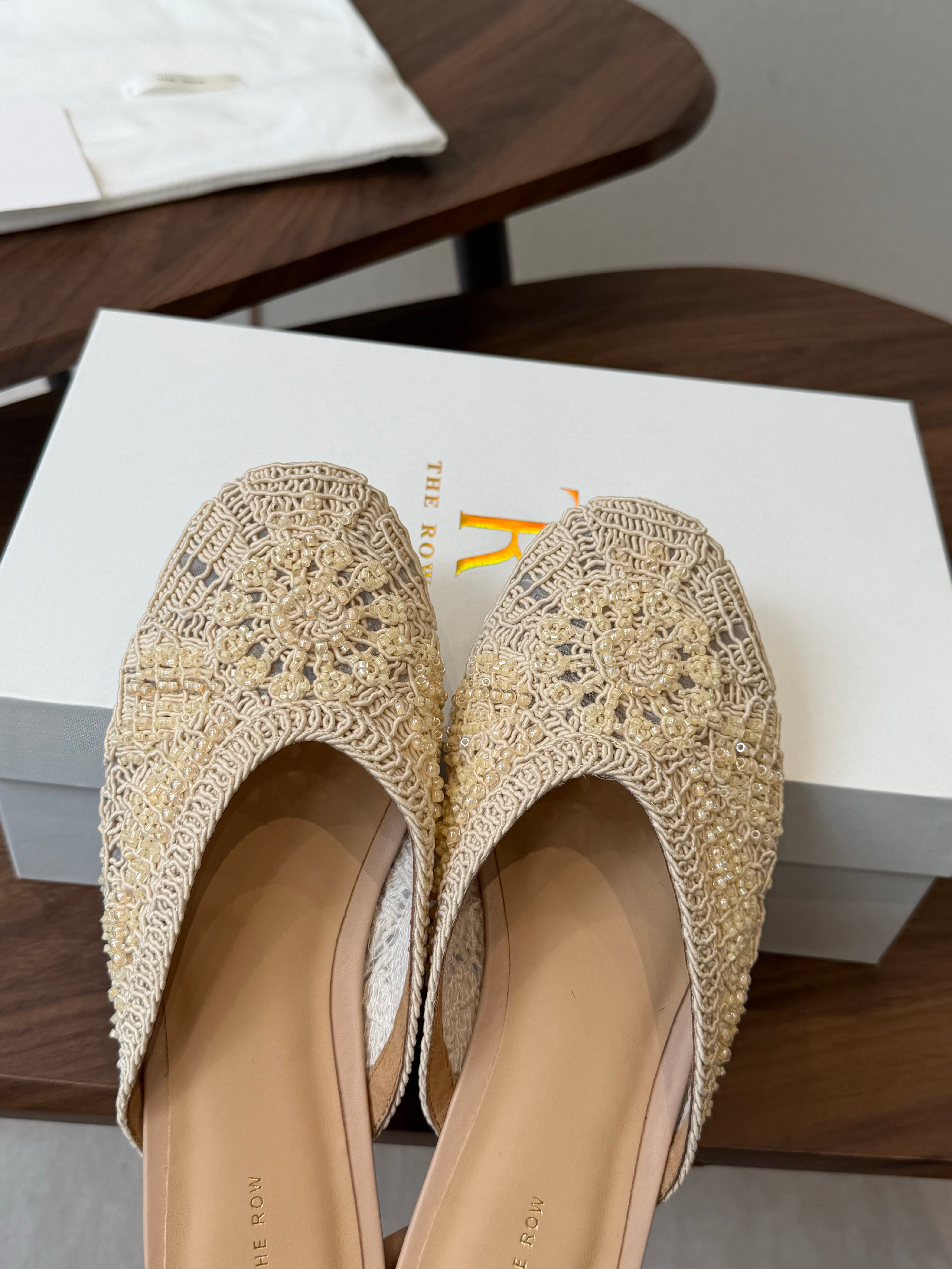 THE ROW 26S PEARL EMBELLISHED CROCHET MULE FLATS IN IVORY WHITE