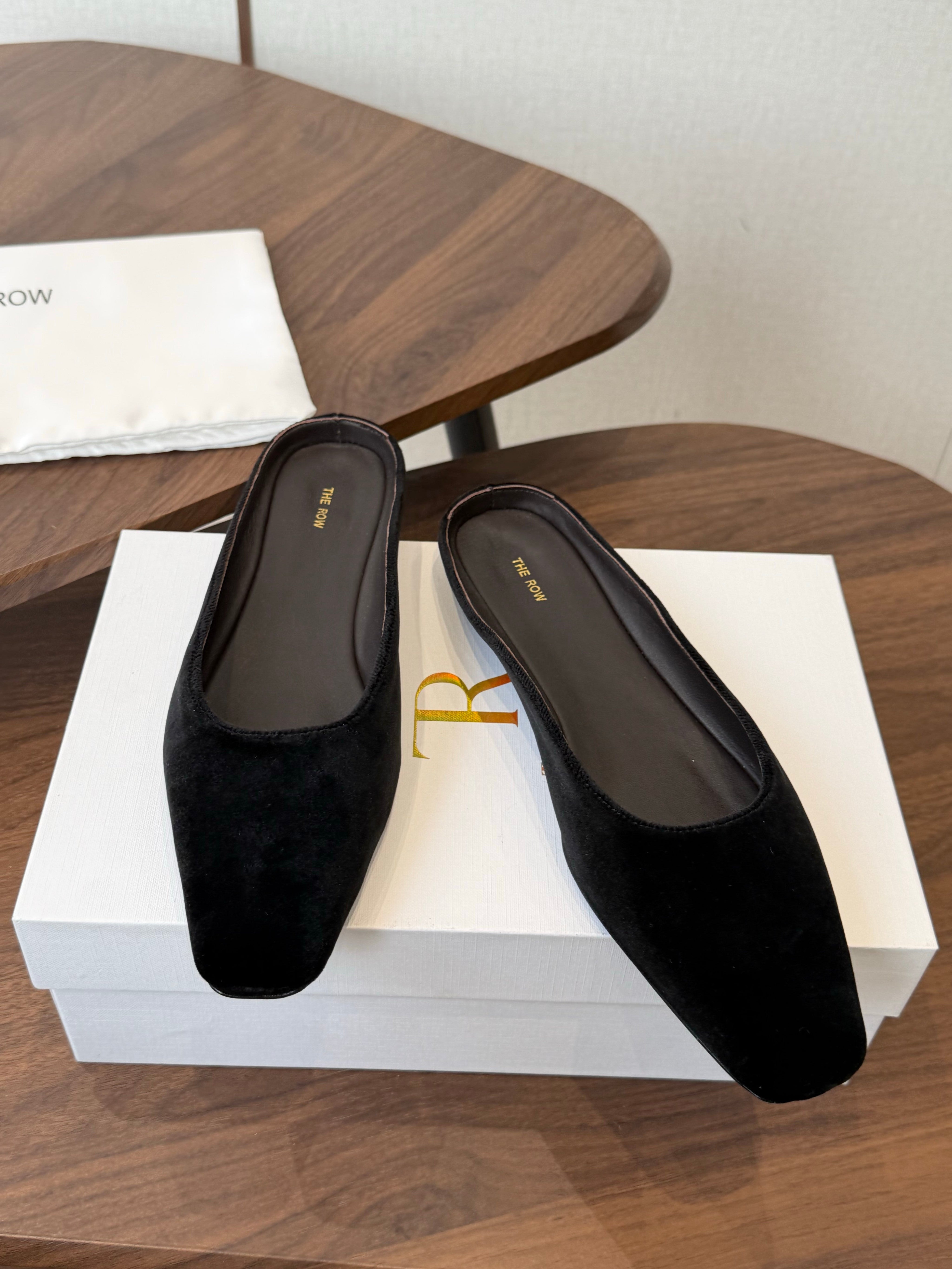 THE ROW 26S POINTED TOE MULES IN BLACK VELVET