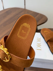 DIOR 26S MEDAILLON BUCKLE SLIDE IN CARAMEL BROWN SUEDE GOLD HARDWARE