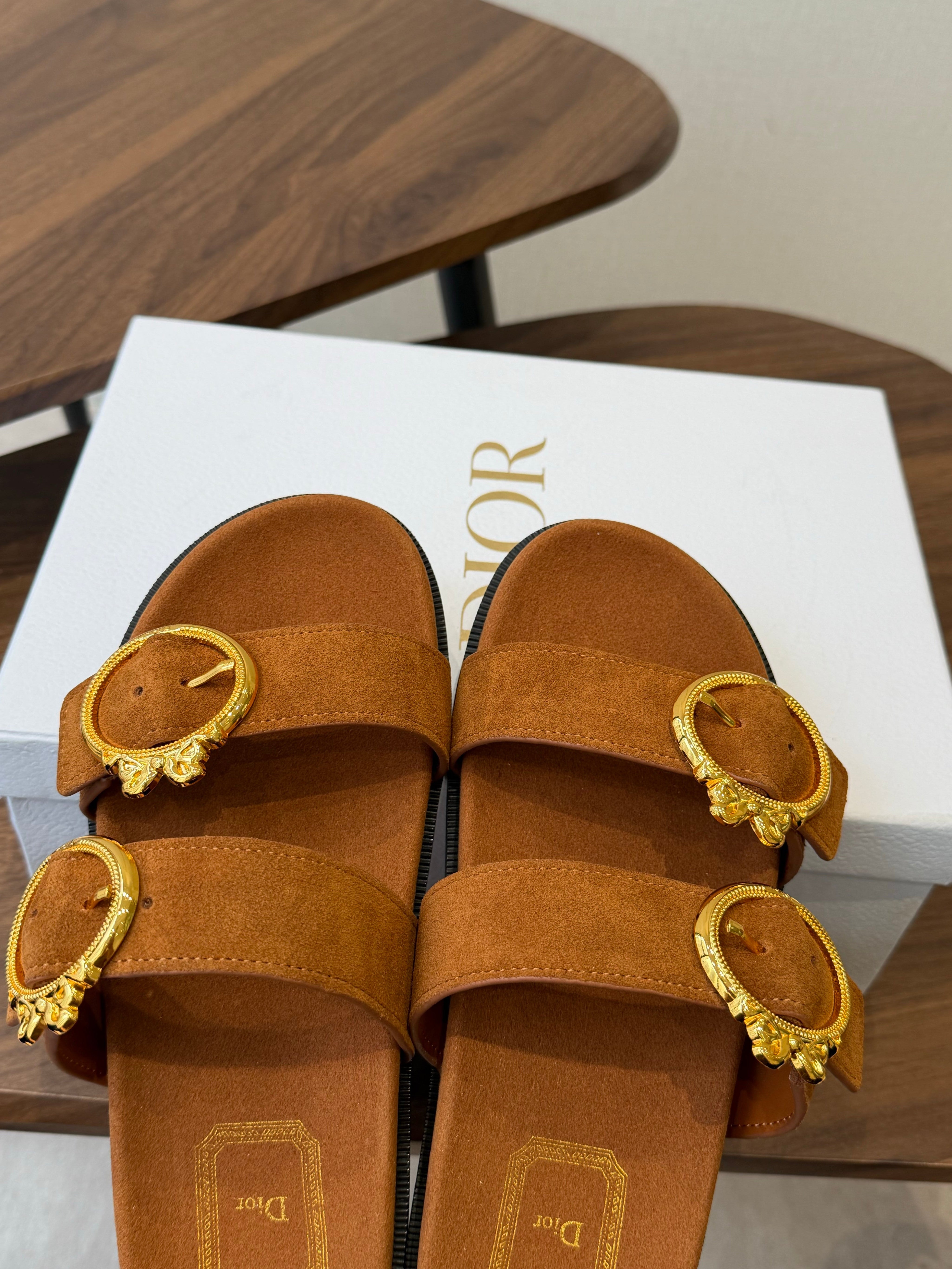 DIOR 26S MEDAILLON BUCKLE SLIDE IN CARAMEL BROWN SUEDE GOLD HARDWARE