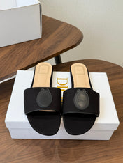 DIOR 26S D-BADGE FLAT SLIDE SANDALS IN BLACK CANVAS AND CALFSKIN