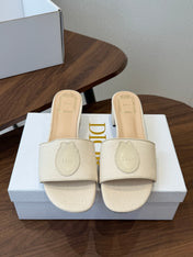 DIOR 26S D-BADGE SLIDE SANDALS IN IVORY WHITE CANVAS AND CALFSKIN