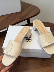 DIOR 26S D-BADGE SLIDE SANDALS IN IVORY WHITE CANVAS AND CALFSKIN