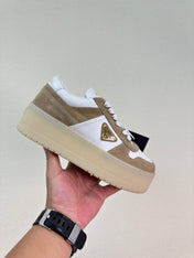 PRADA 26S DOWNTOWN THICK SOLE SNEAKERS IN WHITE CALFSKIN AND BROWN SUEDE