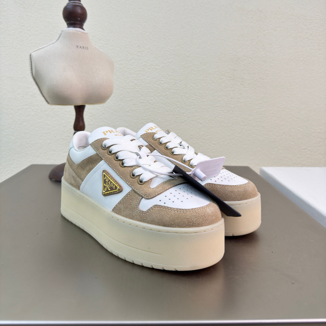 PRADA 26S DOWNTOWN THICK SOLE SNEAKERS IN WHITE CALFSKIN AND BROWN SUEDE