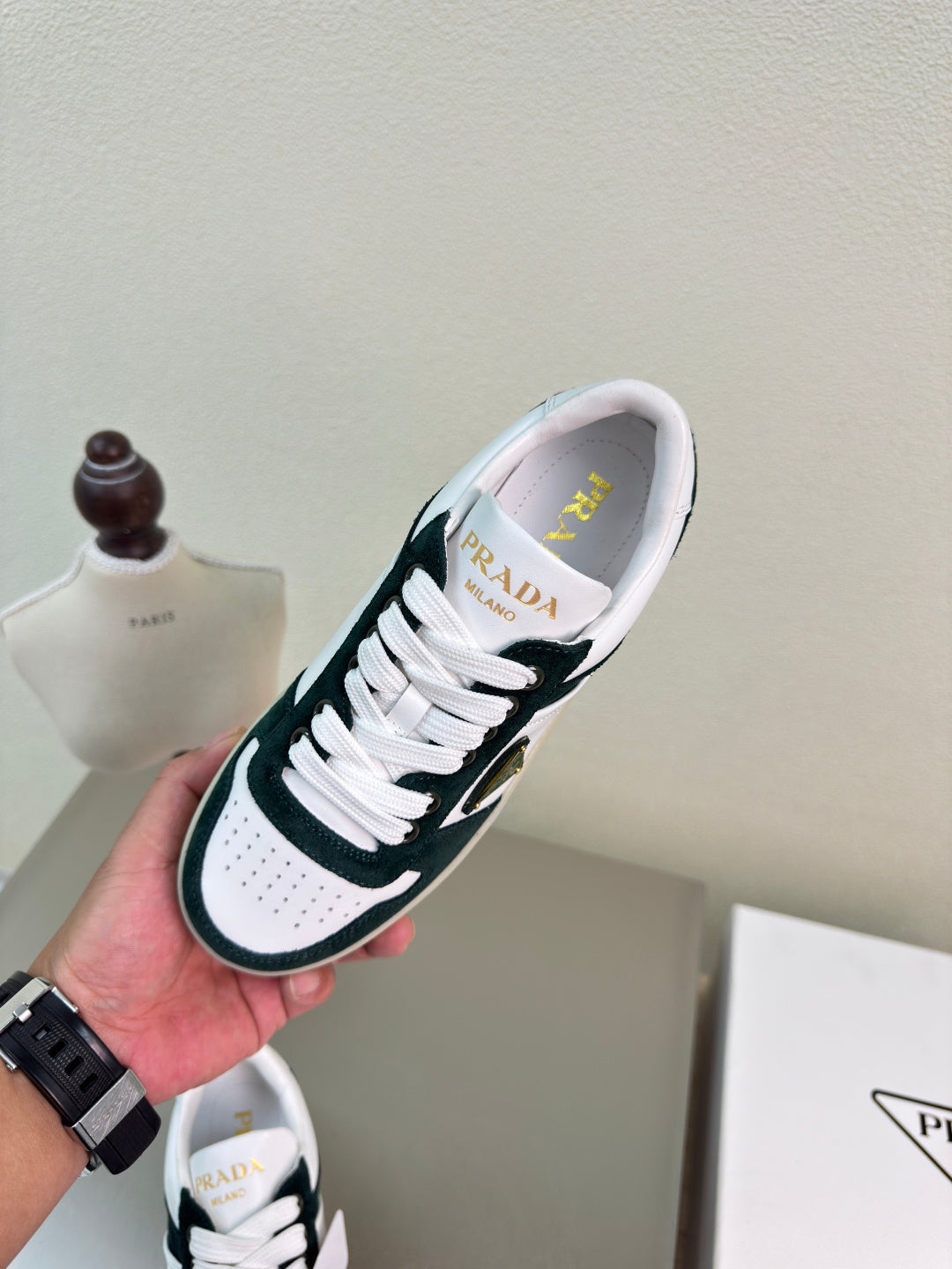 PRADA 26S DOWNTOWN THICK SOLE SNEAKERS IN WHITE CALFSKIN AND BLACK SUEDE