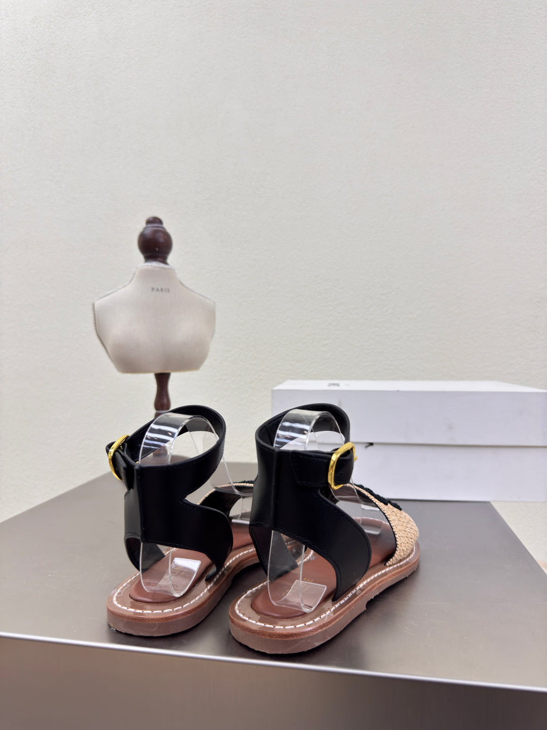 CELINE 25S TRIOMPHE SANDALS BEIGE RAFFIA BLACK WOOL
