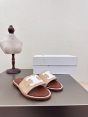 CELINE 25S LYMPIA MULE BEIGE RAFFIA WHITE WOOL LOGO