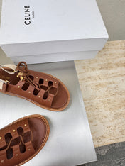 CELINE 25S BILLIE CHUNKY SANDAL IN BROWN CALFSKIN AND TEXTILE