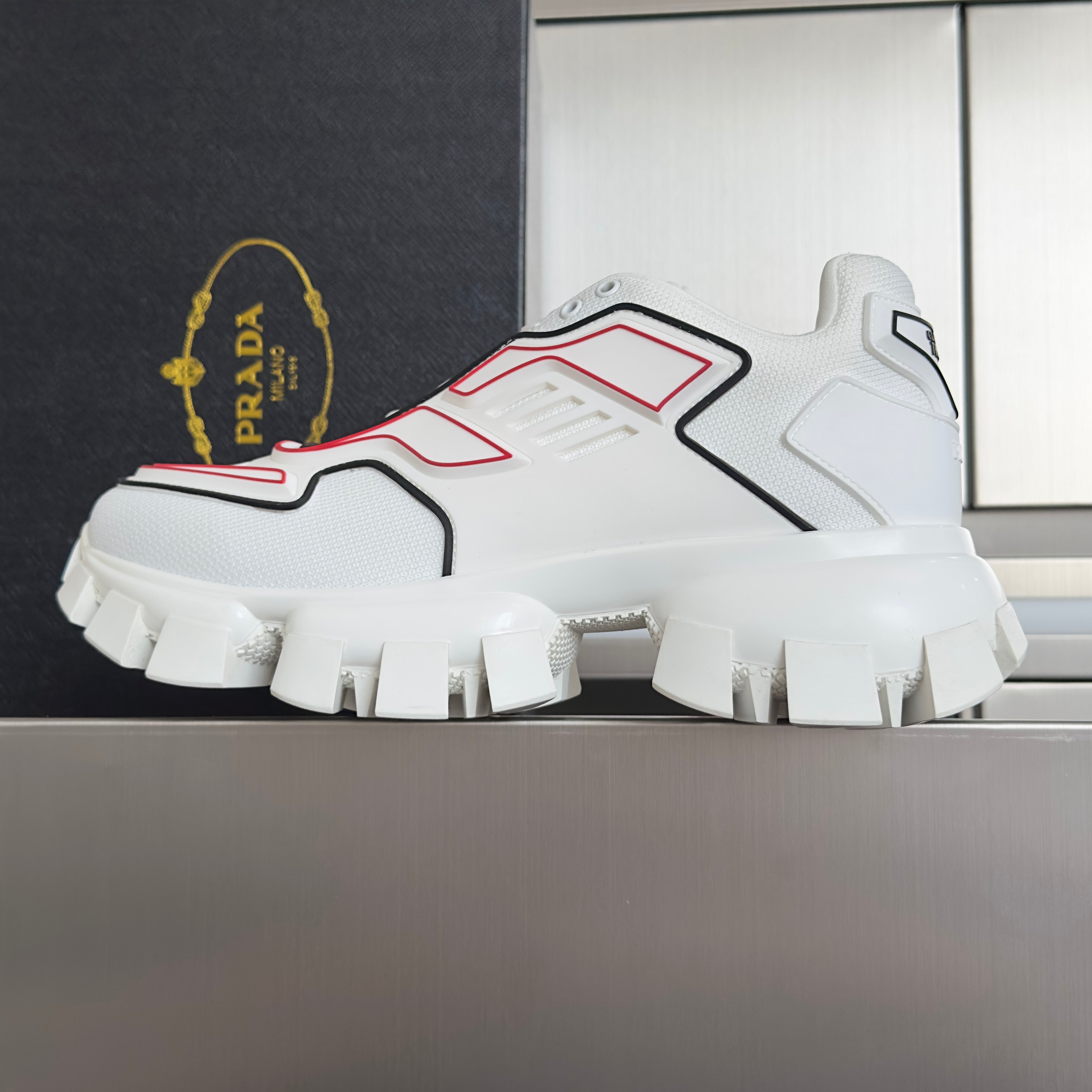 PRADA 26S CLOUDBUST THUNDER SNEAKERS 60MM IN WHITE AND RED MESH FABRIC AND TPU