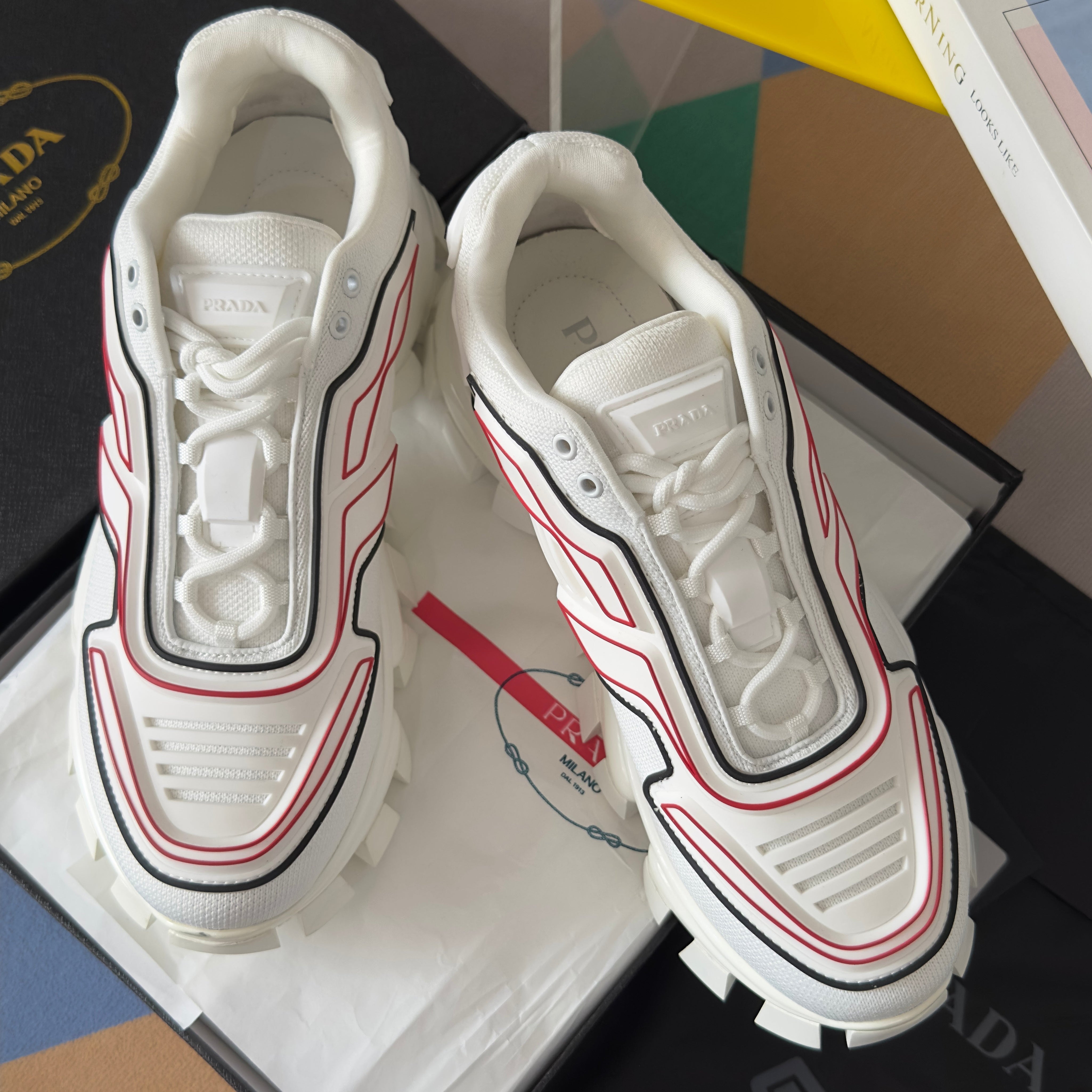 PRADA 26S CLOUDBUST THUNDER SNEAKERS 60MM IN WHITE AND RED MESH FABRIC AND TPU