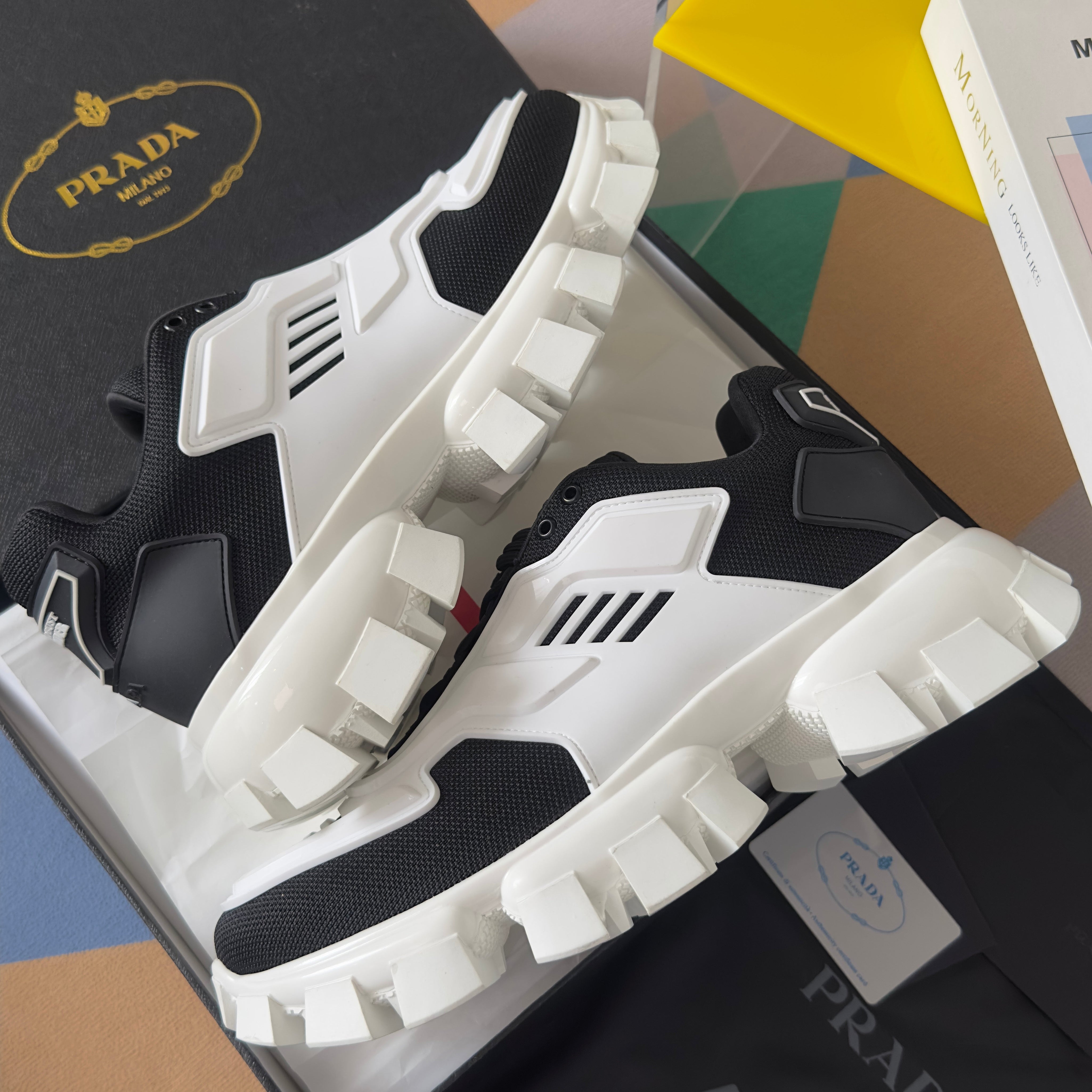 PRADA 26S CLOUDBUST THUNDER SNEAKERS 60MM IN WHITE AND BLACK MESH FABRIC AND TPU