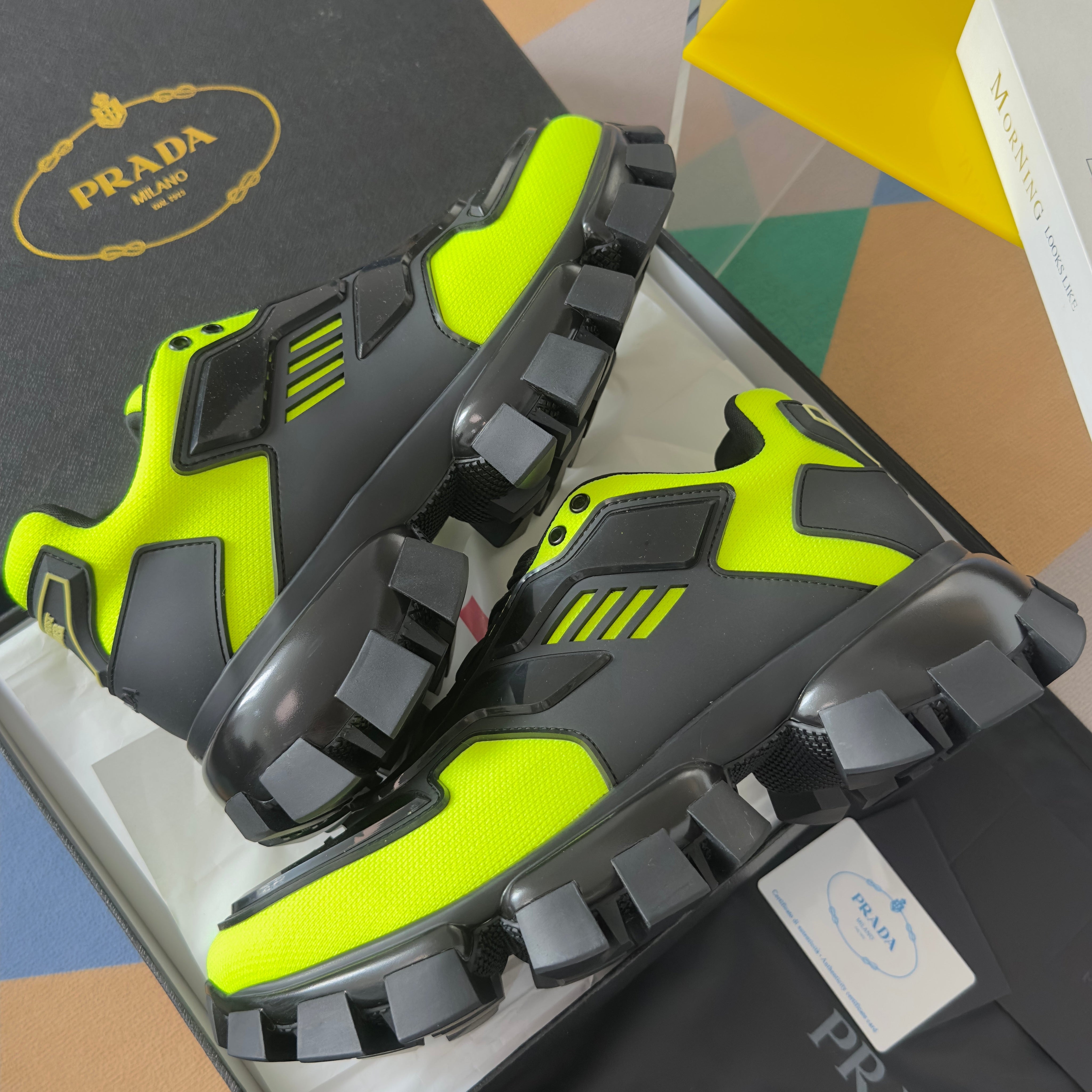 PRADA 26S CLOUDBUST THUNDER SNEAKERS 60MM IN LIME YELLOW MESH FABRIC AND TPU