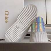 CHLOÉ 26S WEDGE SNEAKERS 70 MM IN WHITE CALFSKIN AND HOLOGRAM