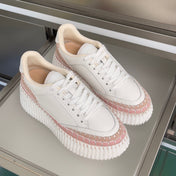 CHLOÉ 26S WEDGE SNEAKERS 70 MM IN WHITE CALFSKIN AND LIGHT PINK SUEDE