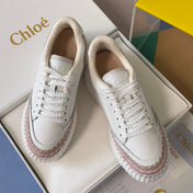 CHLOÉ 26S WEDGE SNEAKERS 70 MM IN WHITE CALFSKIN AND LIGHT PINK SUEDE