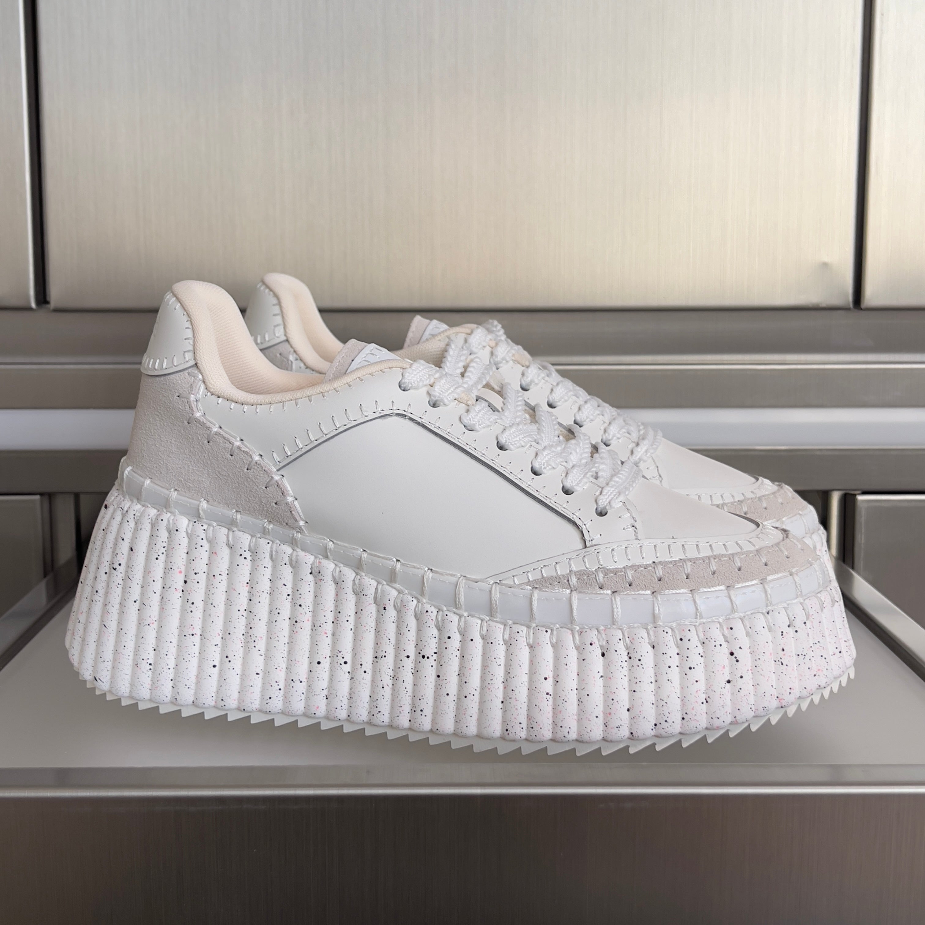 CHLOÉ 26S WEDGE SNEAKERS 70 MM IN WHITE CALFSKIN