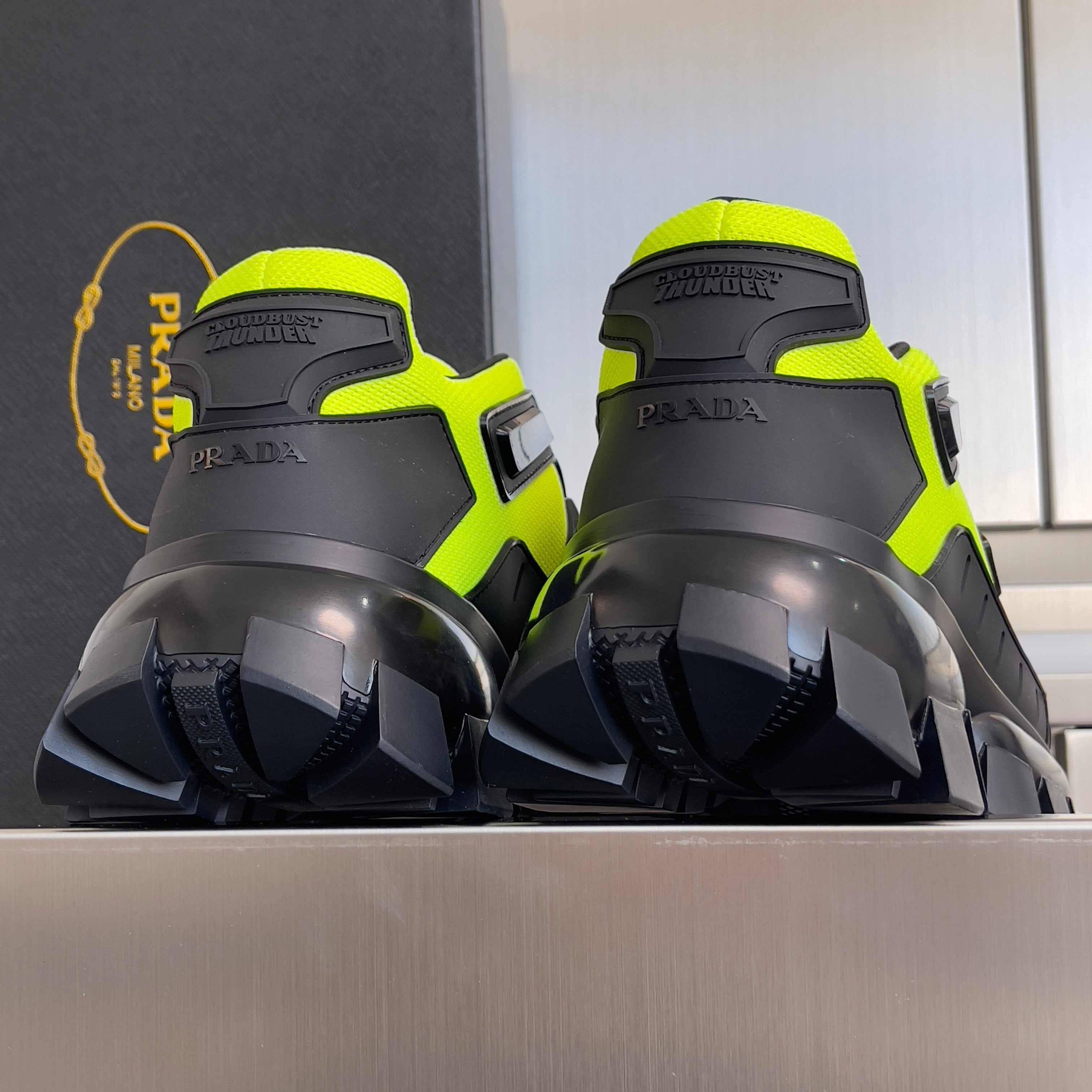 PRADA 26S CLOUDBUST THUNDER SNEAKERS 60MM IN LIME YELLOW MESH FABRIC