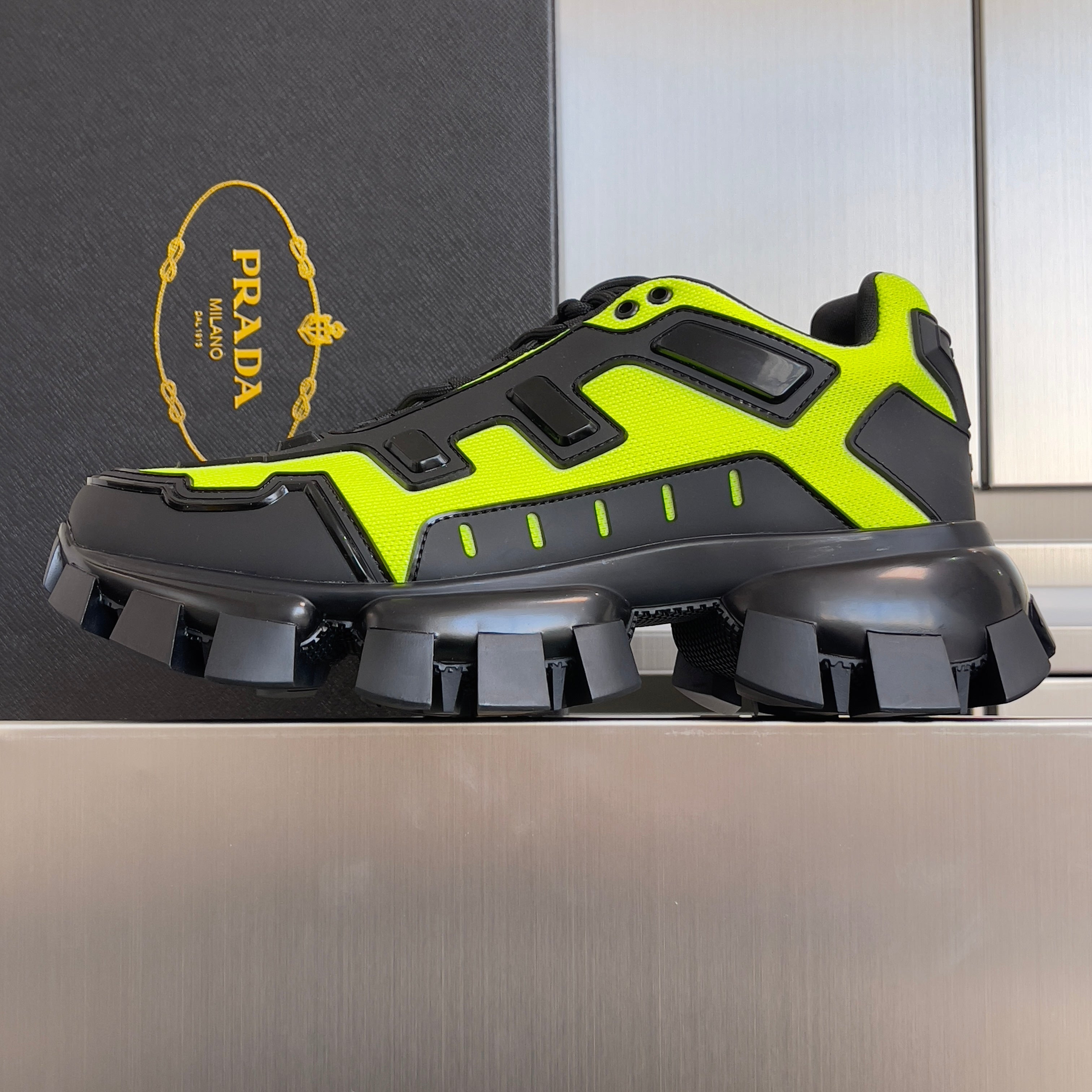 PRADA 26S CLOUDBUST THUNDER SNEAKERS 60MM IN LIME YELLOW MESH FABRIC