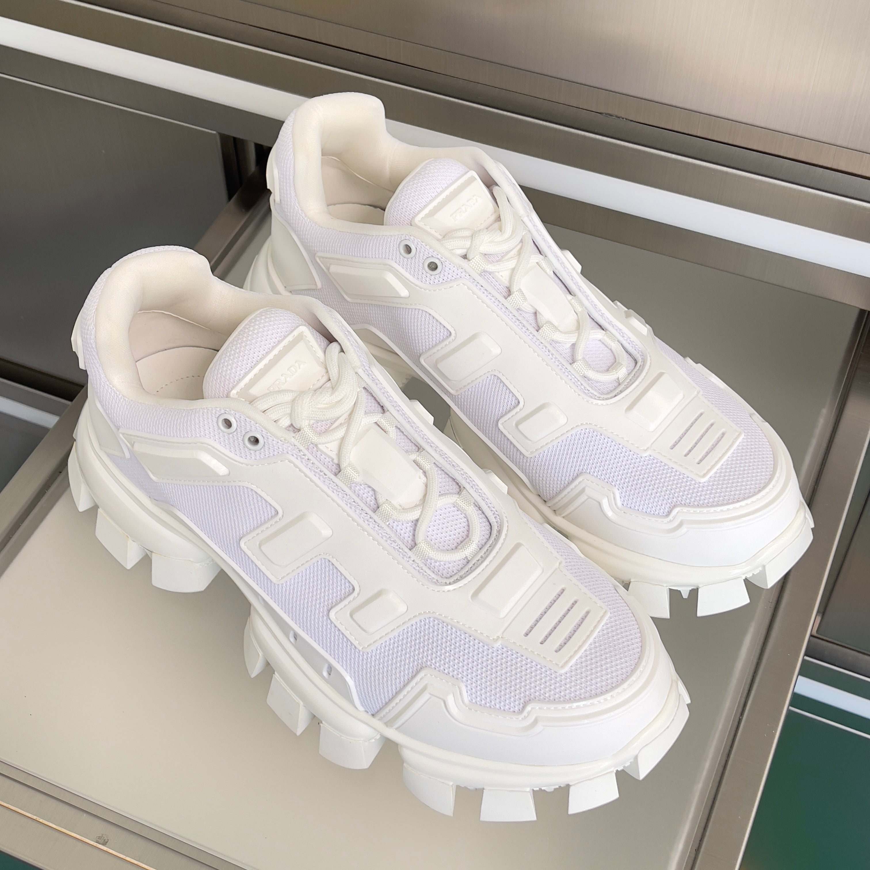 PRADA 26S CLOUDBUST THUNDER SNEAKERS 60MM IN WHITE MESH FABRIC