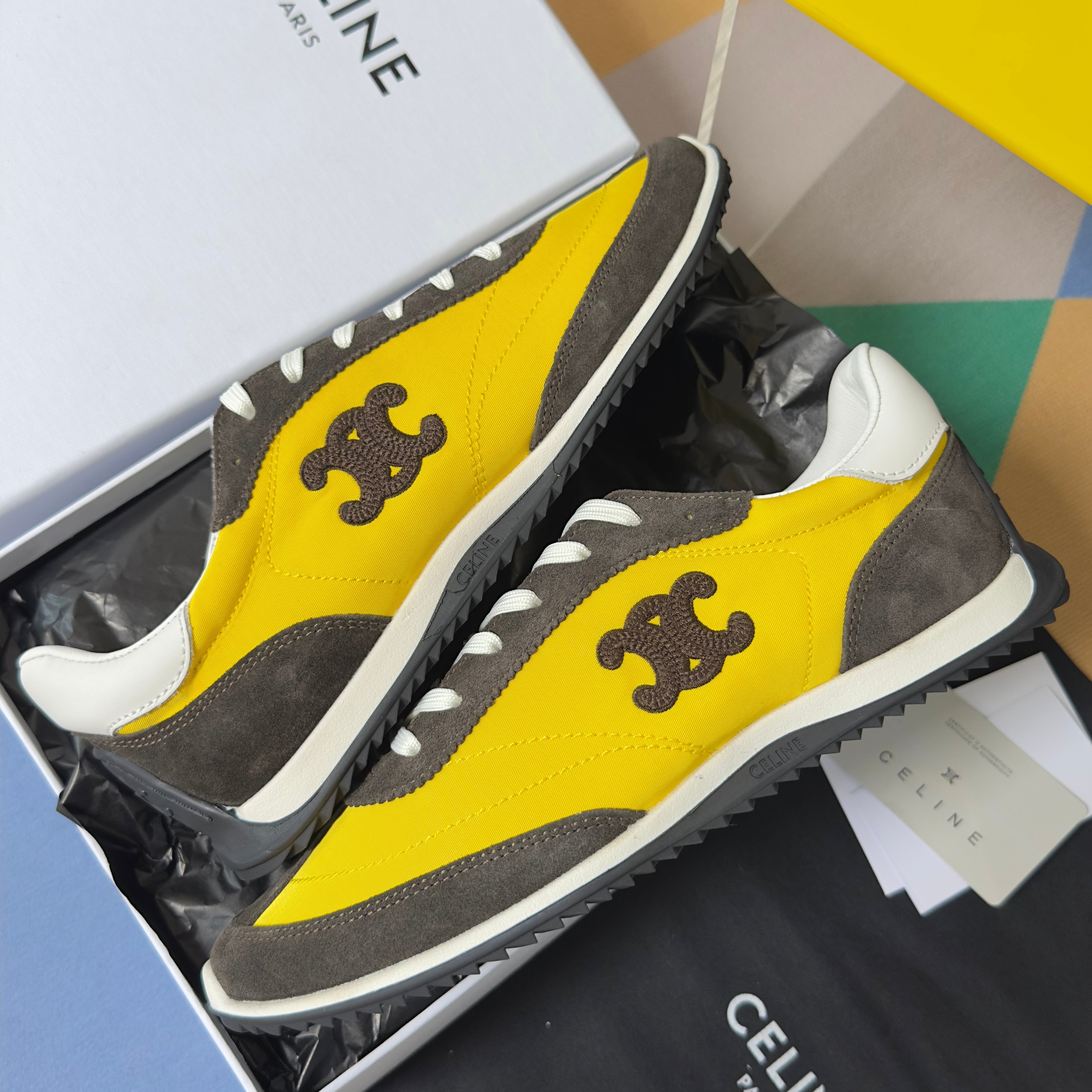 CELINE 26S RACER SNEAKERS IN YELLOW FABRIC AND DARK GREY SUEDE