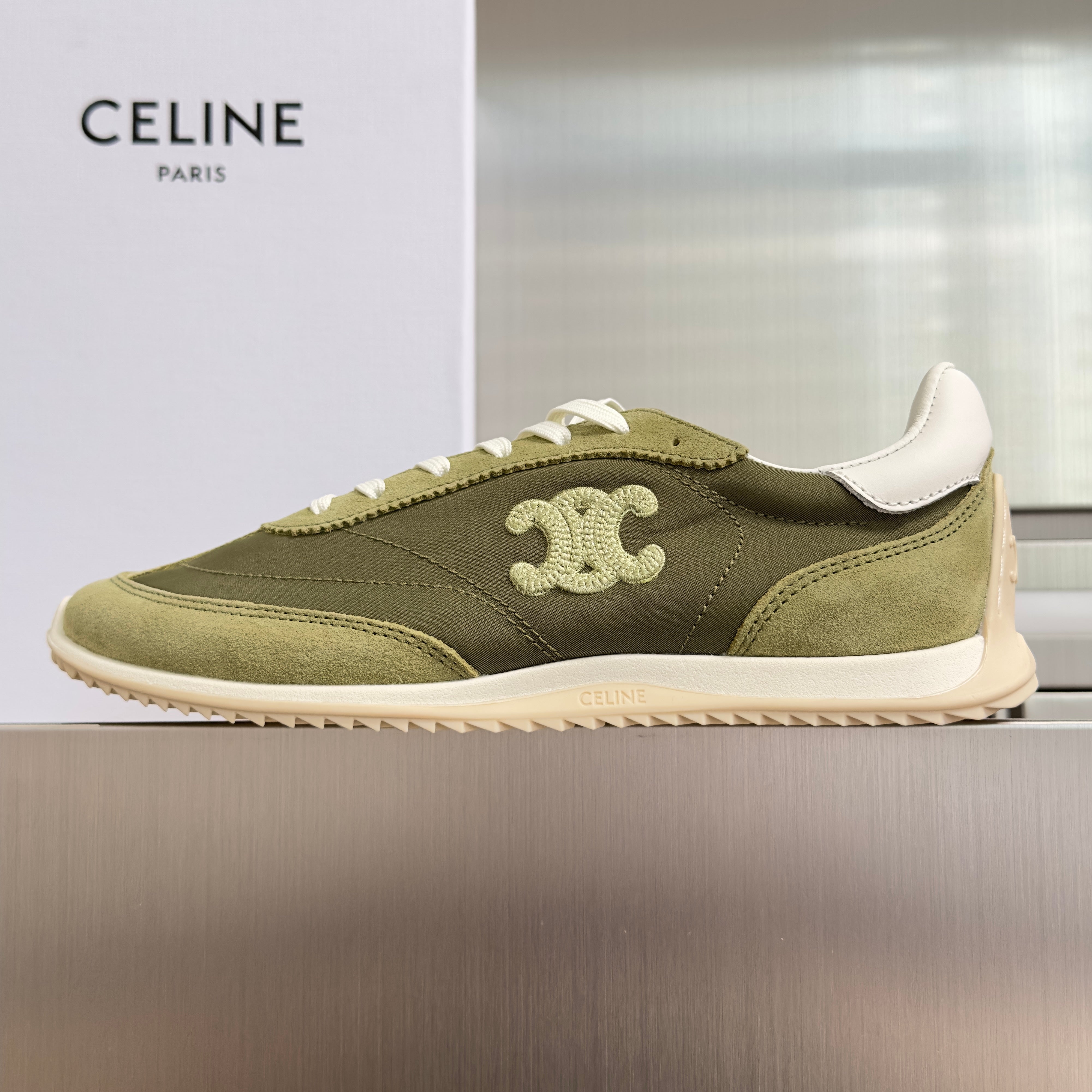CELINE 26S RACER SNEAKERS IN MOSS GREEN FABRIC AND SUEDE
