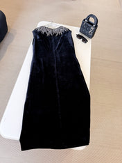 DIOR 25S EMBELLISHED-NECK BLACK VELVET DRESS 722