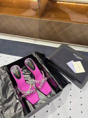 HIGH RHINESTONE CROSS STRAP MULES IN MAGENTA PINK SILK