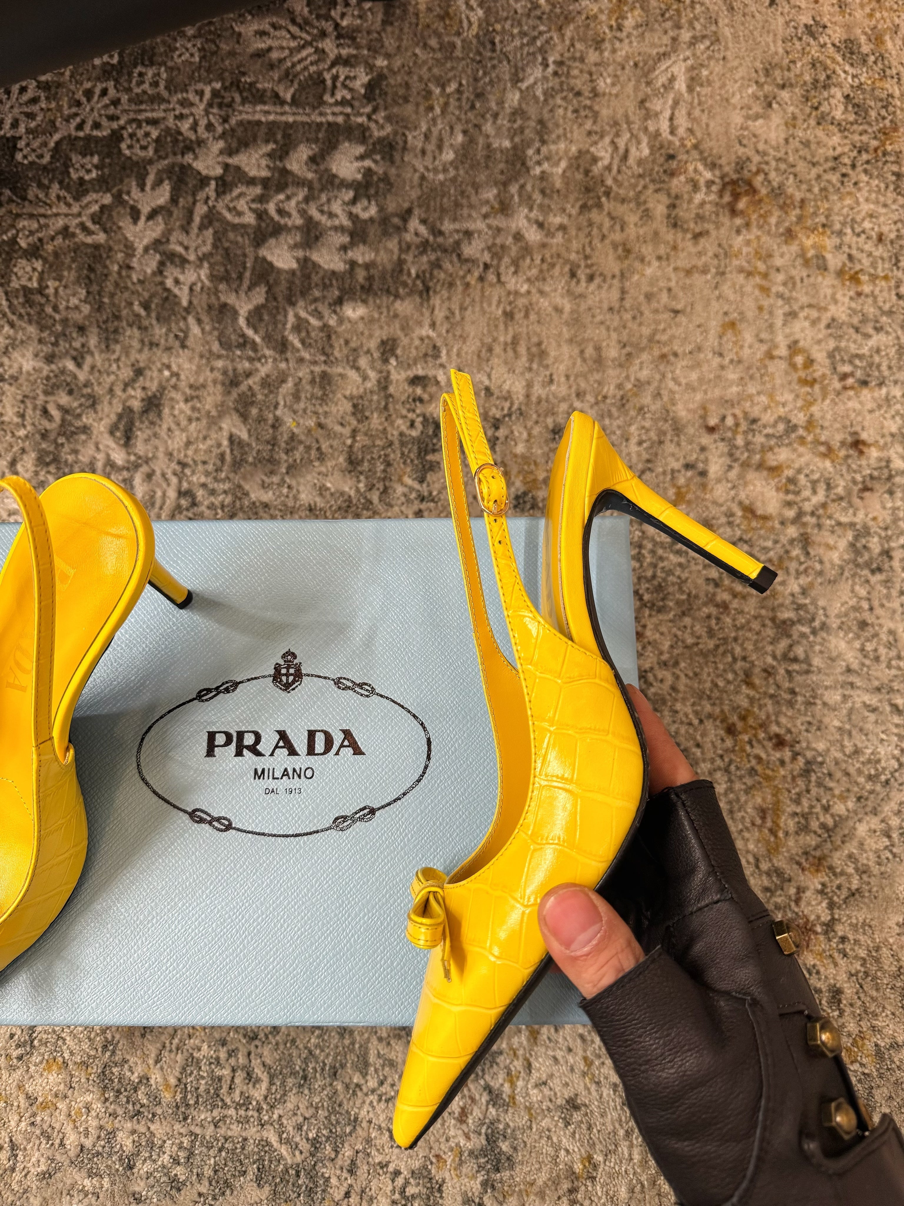 PRADA 25S SLINGBACK HIGH HEELS 75 MM IN YELLOW EMBOSSED COWHIDE