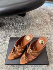 YSL 26S HEELED SANDALS 100 MM IN CLAY BROWN FABRIC