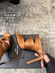 YSL 26S HEELED SANDALS 100 MM IN CLAY BROWN FABRIC