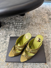 YSL 26S HEELED SANDALS 100 MM IN OLIVE GREEN FABRIC