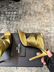 YSL 26S HEELED SANDALS 100 MM IN OLIVE GREEN FABRIC
