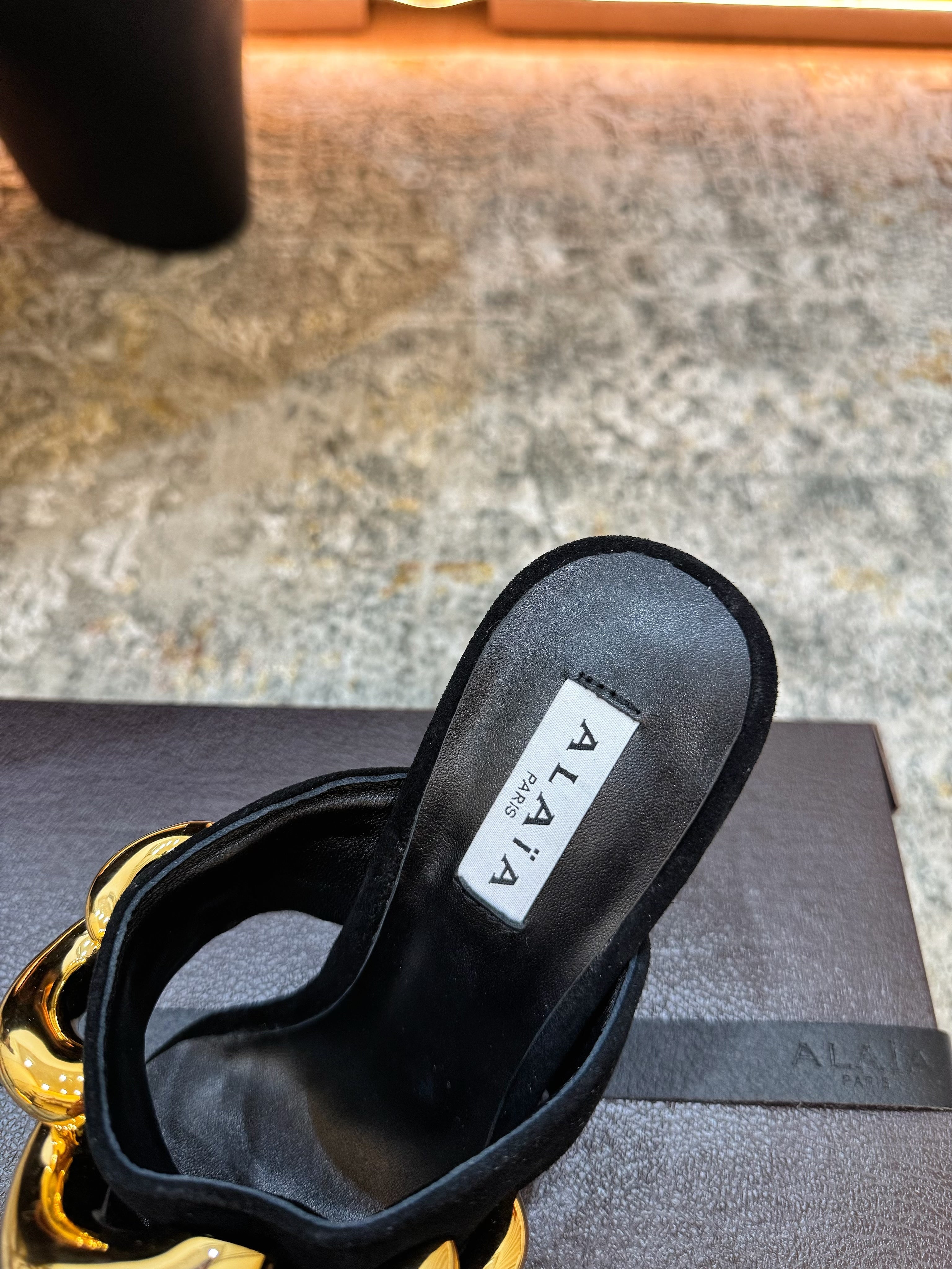 ALAIA 26S DOUBLE STRAP WEDGE SANDALS 110 MM IN BLACK SUEDE WITH GOLD HARDWARE