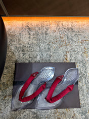 ALAIA 26S THONG SANDALS IN DARK RED SATIN AND TRANSPARENT PVC