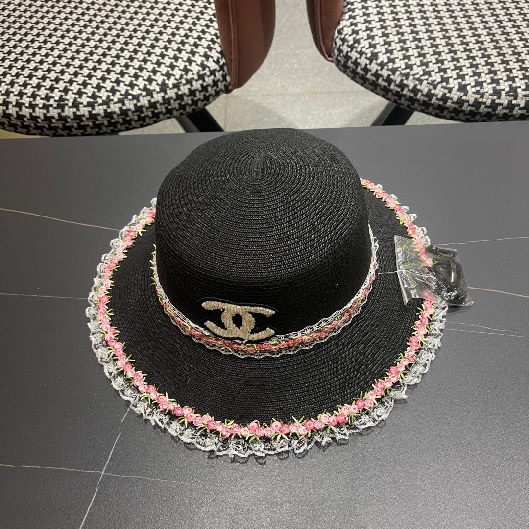 CHANEL 26S LACE & FLORAL TRIM STRAW HAT 337938