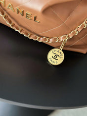 CHANEL 26S 22 BAG 42 IN CARAMEL BROWN QUILTED SHINY CALFSKIN