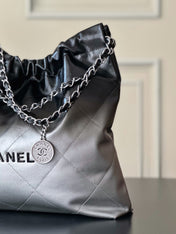 CHANEL 26S 22 BAG 42 IN BLACK MIX SILVER QUILTED SHINY CALFSKIN