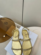 FLAT SANDALS 25S IN SHINY GOLD CALFSKIN RHINESTONES STRAP