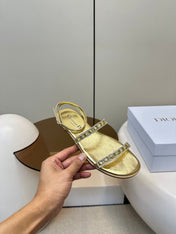 FLAT SANDALS 25S IN SHINY GOLD CALFSKIN RHINESTONES STRAP