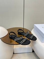 FLAT SANDALS 25S IN BLACK CALFSKIN RHINESTONES STRAP