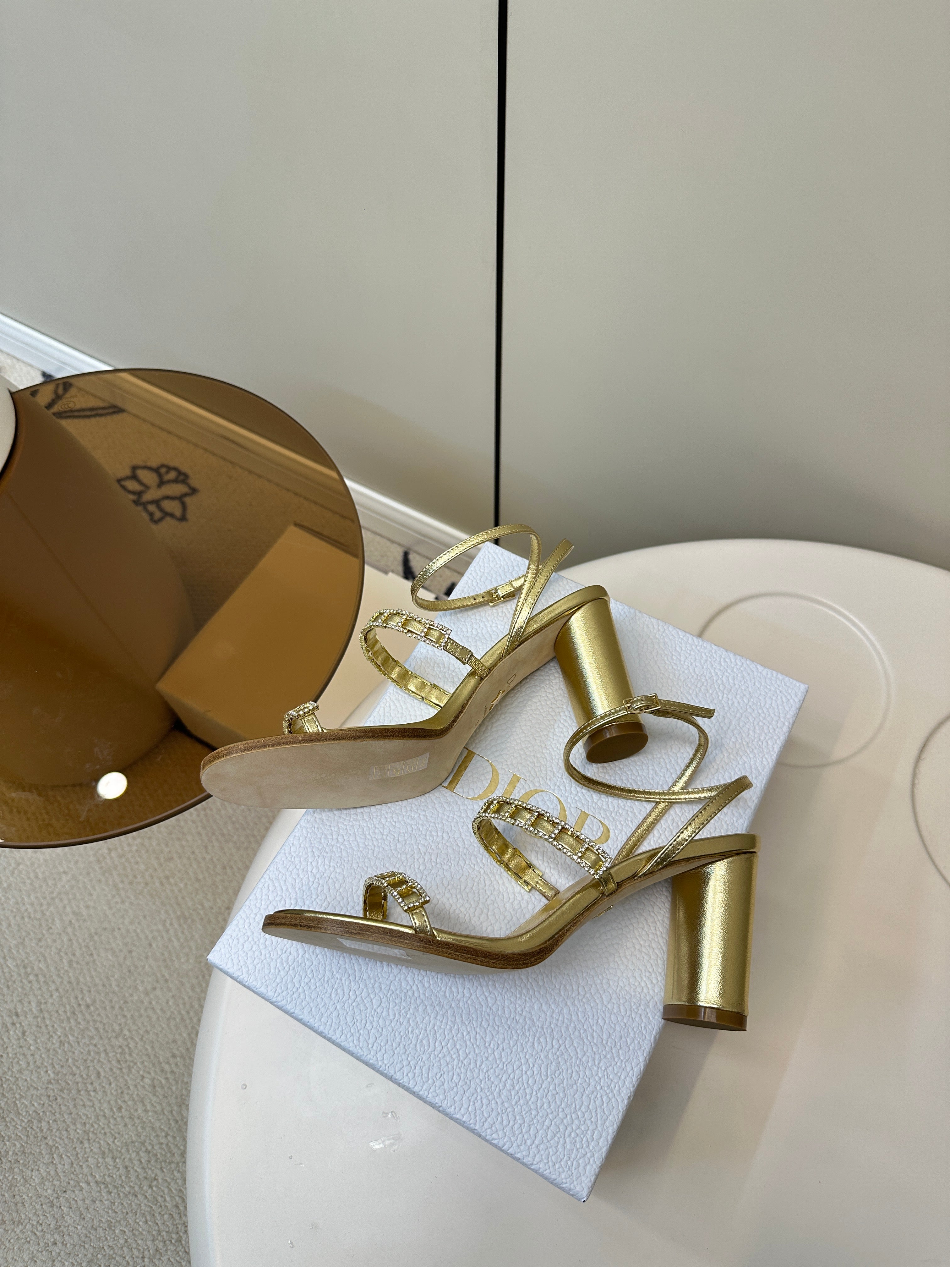HIGH HEEL 25S SANDALS 85MM IN SHINY GOLD CALFSKIN RHINESTONES STRAP